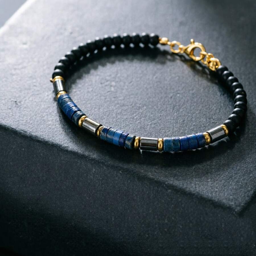 Men's Natural Black Tourmaline & Lapis Lazuli Beaded Bracelet, Stackable Adjustable Wristband, Minimalist Daily Accessory, Gift Jewelry Suitable For Men And Boys - Multicolor - View 1