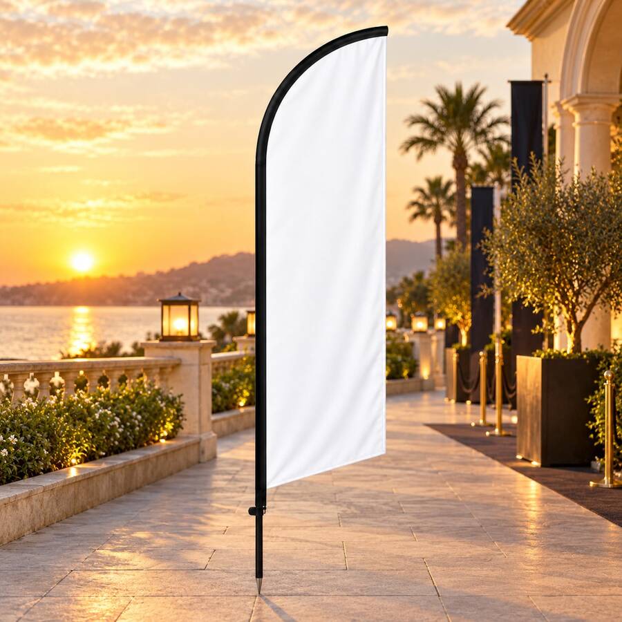 1pc Blank Customizable Feather Flag, 6.5ft Advertising Display Banner, Pure White Blank Flag Surface With Black Curved Border And Minimalist No-Pattern Design, Suitable For DIY Printing, Store Advertising, Event Direction, Brand Customization, Outdoor Promotion And Commercial Display, Durable Weather-Resistant Fade-Resistant Lightweight Fabric, High Visibility, Single Flag Without Ground Stake - A - View 1
