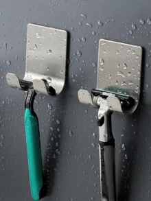 2pcs Stainless Steel Razor Holder, Waterproof Self-Adhesive Razor Hook, Suitable For Bathroom And Kitchen Robe, Towel, Plug And Coat Wall Hook - Silver [two] - View 2