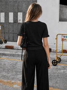Women's Casual Yellow Round Neck Ruffle Short Sleeve Loose Fit T-Shirt, Spring/Summer Style, Suitable For Dating And Daily Wear - Black - View 8