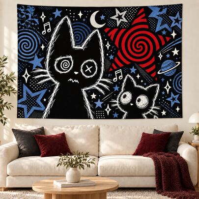 1pc Gothic Doodle Black Cat Ghost Tapestry, Dark Punk Spooky Cute Anime Wall Hanging, Y2K Alt Indie Grunge Aesthetic, Halloween Party Photo Backdrop, Goth Girl Bedroom Dorm Gaming Room Apartment Wall Decor