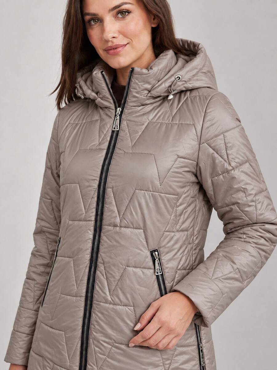 Women's Hooded Triangle Quilted Cotton Jacket With Drawstring Zip Front Stand Collar Padded Coat - Camel - View 1