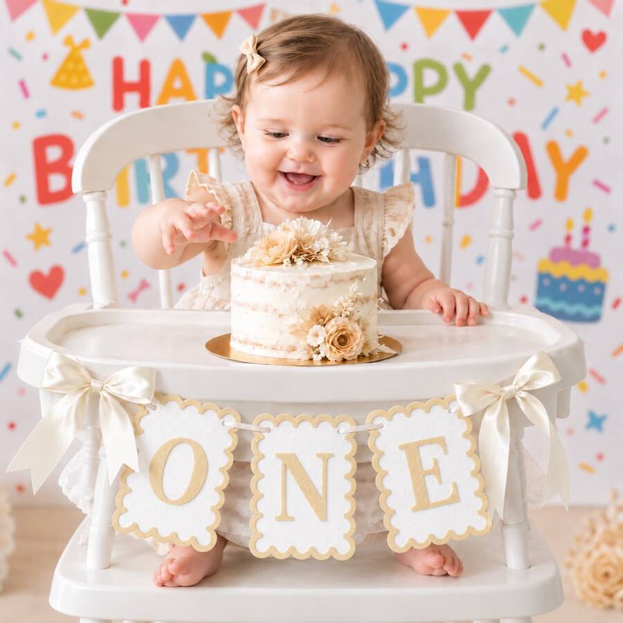 1pc 1st Birthday Chair Banner "One" Letter Banner, Background, 1st Birthday Ribbon Banner, Suitable For Boys And Girls, Fairy Tale Theme Baby Photo Prop Party Decoration, Gender Reveal Party Baby Shower Party Decoration - Multicolor - View 1