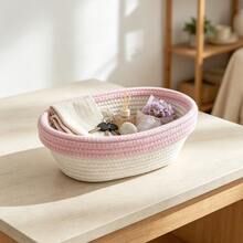 Cotton Rope Storage Basket, Oval Decorative Organizer Bin For Desktop, Vanity, Bathroom, Kitchen Home Decor - Pink and White - View 2