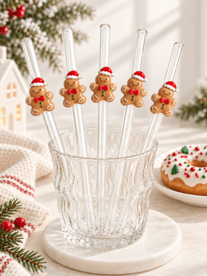 3pcs/5Pcs Christmas Red Hat Gingerbread Man Decor Glass Straws,Reusable For Xmas Parties, Fit For Cold Water, Bubble Tea, Juice & Iced Coffee, Great For Picnics, Outdoor Activities, Beach Parties & Christmas, Perfect Christmas Gift For Girls.