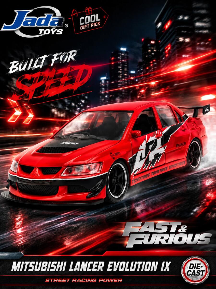 Jada Toys Fast & Furious Lancer Evolution IX 1:32 xe mô hình đúc kim loại, sedan thể thao phong cách rally màu đỏ, mô hình xe sưu tầm chi tiết từ phim, quà tặng cực ngầu cho bé trai và fan xe độ - Nhiều màu - Xem 1