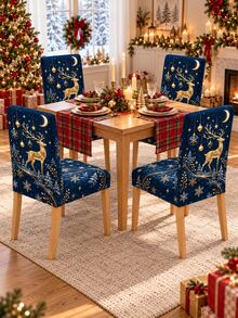 Christmas Dining Chair Set Navy Blue & Gold Deer Moon Snowflake Print Chair Covers Restaurant Kitchen Christmas Party Home Decor Christmas Home Decor - Multicolor - View 6
