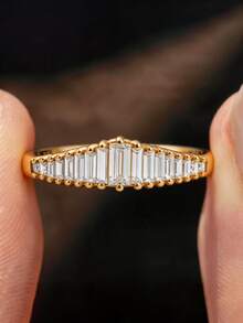 1pc 18K Gold Plated Luxury White Gemstone Ring, Pointed Arch Full Rectangular Cut Band, Crown Shaped Ring, Delicate Holiday Party Gift For Women - Yellow Gold - View 3
