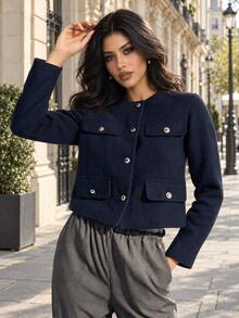 TRAFZA Women's Elegant Casual Tweed Jacket, Spring Round Neck Decorative Long Sleeve Solid Color Coat - Navy Blue - View 2