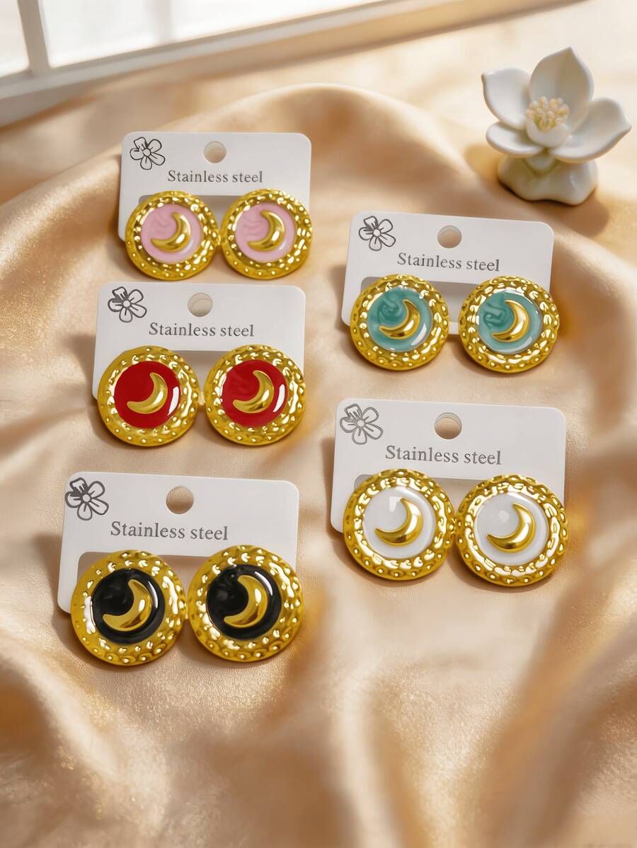 Vintage Moon Enamel Stud Earrings, Gold Hammered Round Stainless Steel Stud Earrings, Minimalist Elegant Fashion Personalized Versatile Design Earrings Suitable For Women Holiday And Daily Wear - Multicolor - View 1