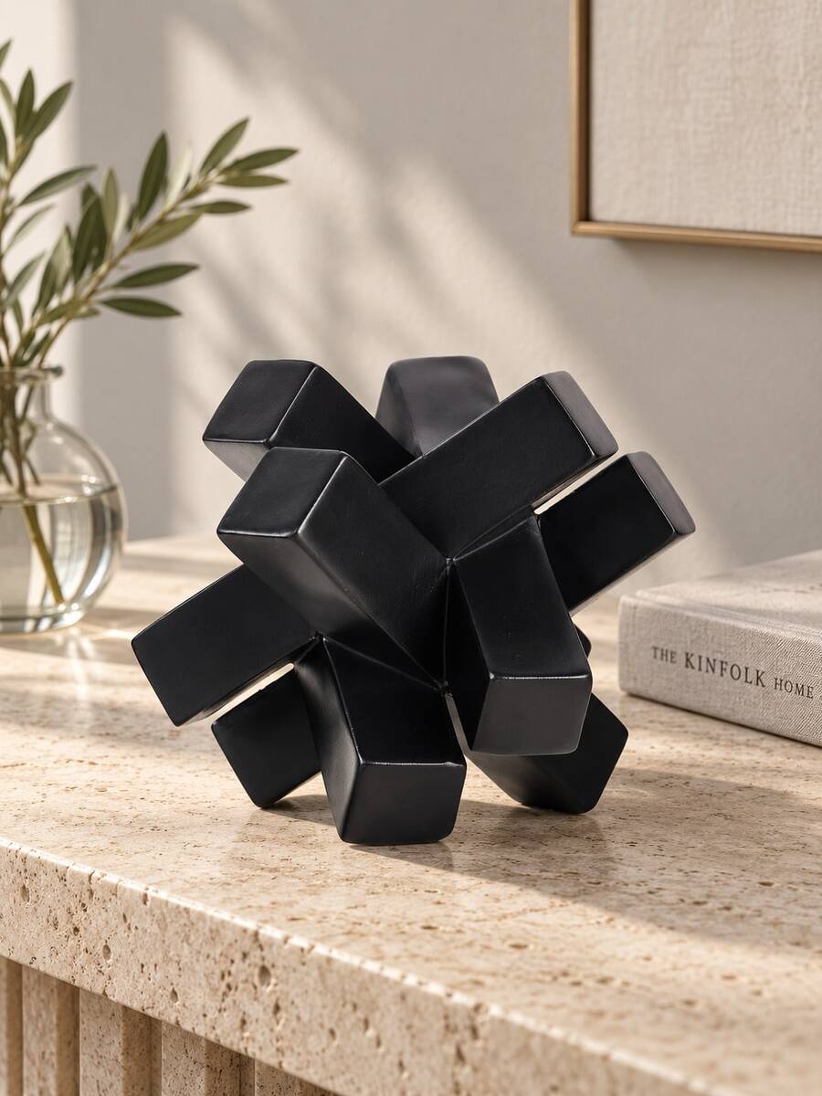 1pc Black Geometric Knot Sculpture, Modern Abstract Interlocking Block Decorative Statue, Minimalist Tabletop Ornament For Living Room Coffee Table Bookshelf Console Table Office Desk Shelf, Contemporary Home Decor Housewarming Gift - New - View 1