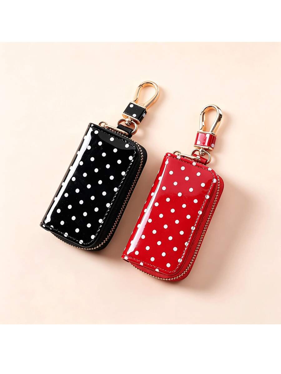 Retro Polka Dot Leather Car Key Case,Portable Key Holder Pouch With Hanging Pendant,Auto Key Protector For Daily Use - Multicolor - View 1