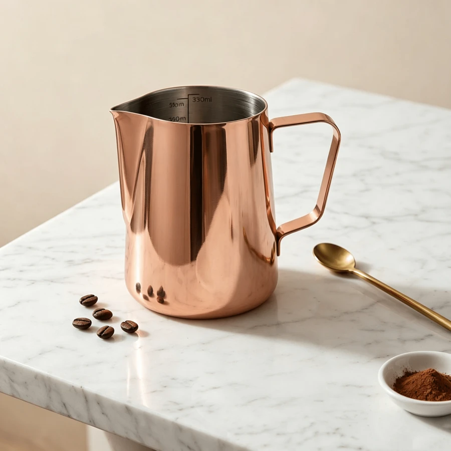 Copper-Colored Stainless Steel Barista Milk Pitcher With Measurement Scale (330 Ml), Practical Frothing Pitcher For Fine Milk Foam During Cozy Coffee Rounds With Friends - Bronze - View 1