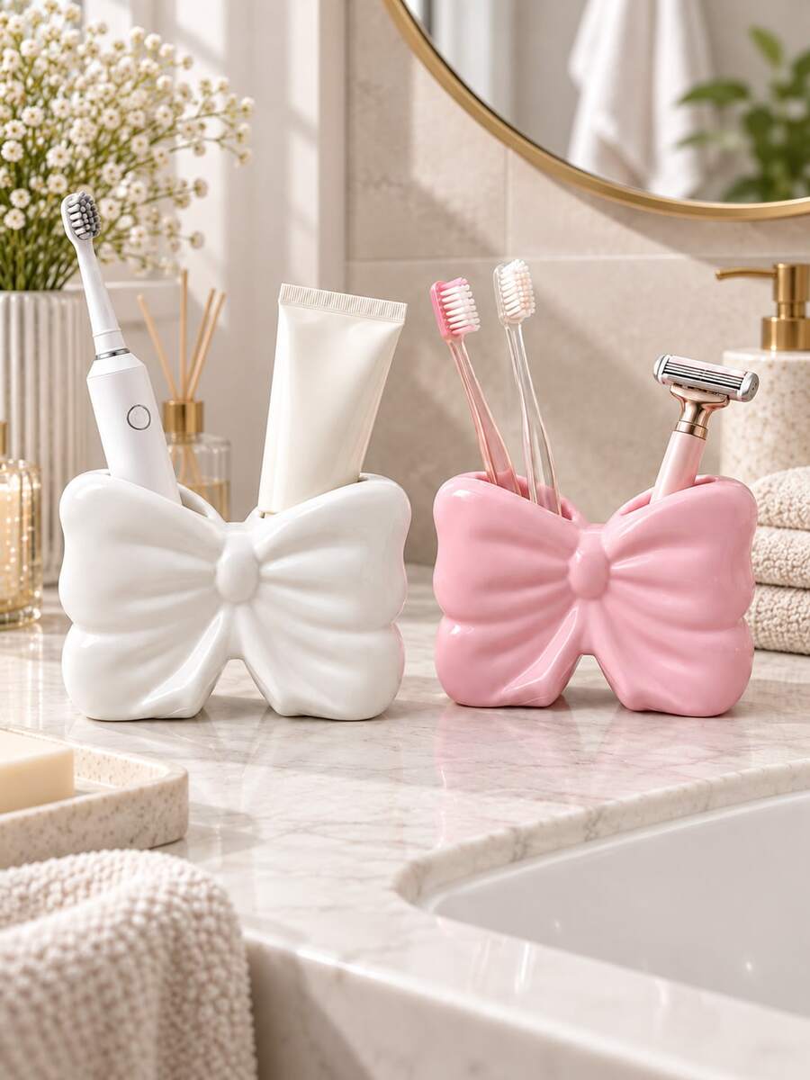 1pc/2pcs Cream White/Sakura Pink Bow Ceramic Texture Desktop Storage Box, Ins Luxury French Style With Glossy Glaze, Suitable For Bathroom Vanity/Bedroom Vanity/Small Item Storage, Beautiful Dust-Proof Jewelry Box - Bathroom Hanging Butterfly Shelf - View 1