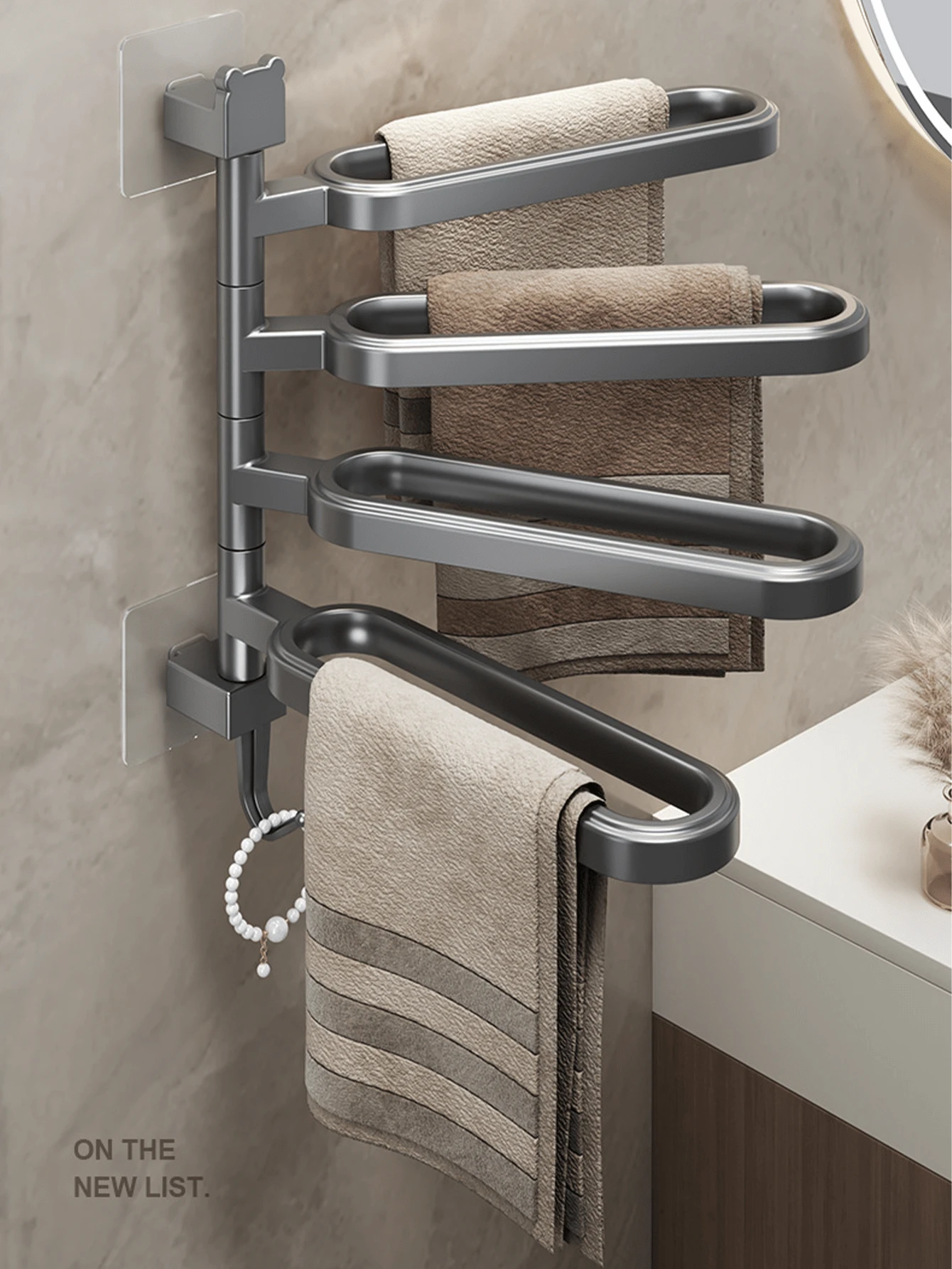 1pc No-Drill Rotating Multi-Bar Towel Rack, Bathroom Towel Holder, Bathroom Storage Rack, Bathroom Towel Rack - Multicolor - View 1