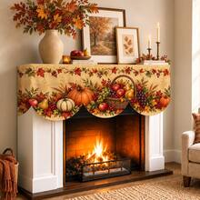 Autumn Harvest Pumpkin Maple Leaf Fireplace Scarf, Sunflower, Fruit Basket & Candle Lantern Patterns Available, Vintage Farmhouse Style Warm Beige Background With Wheat Ear Berry Print, Suitable For Living Room Fireplace Mantel, Entryway Cabinet Decoration & Thanksgiving Family Gathering Decor - Multicolor - View 3