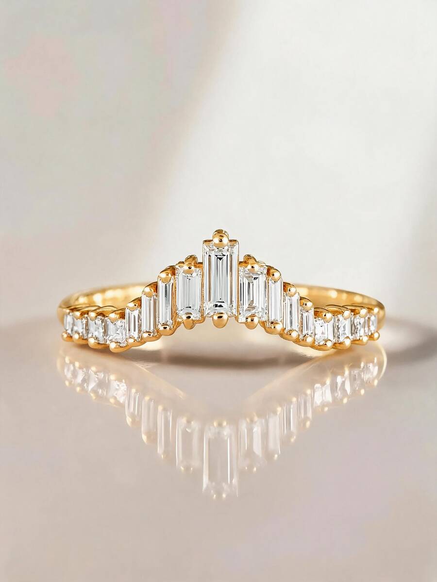 1pc 18K Gold Plated Crown V-Shape Rectangular Zirconia Ring, Elegant Claw Set Stackable Personalized Ring, Women Girls Daily Party Holiday Gift - Yellow Gold - View 1