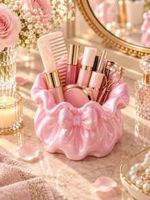 1pc Ruffle Bow Makeup Brush Holder, Cute Macaron Color Cosmetic Organizer Cup, Suitable For Vanity Tabletop, Can Store Makeup Brushes, Lipsticks, Eyeliner Pencils And Beauty Tools, Bedroom Bathroom Countertop Storage, Vanity Room Decor, Gift For Women And Girls - Multicolor - View 5