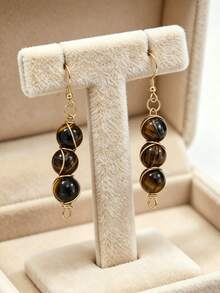 Vintage Tiger Eye Stone Teardrop Pendant Earrings, Women's Gold Teardrop Style Bohemian Exaggerated Earrings, Suitable For Daily Wear And Party, Gift - Earring - View 6