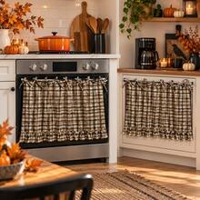 2 Pack Khaki Plaid Oven Door Curtain, Khaki Oven Skirt For Kitchen Curtains, Cortinas De Cocina, Kitchen Deccor And Home Decor, Tie Top Ruffle Design For Oven Door, Kitchen Display And Seasonal Decorating - Khaki - View 6