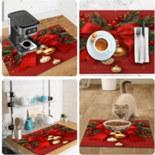1 pieza Alfombrilla de secado de platos, alfombrilla para cafetera, alfombrilla de secado de platos con patrón de rama de pino y bayas con cinta roja navideña, protector de sobremesa absorbente de secado rápido, adecuado para cocina, comedor y otras escenas, alfombrilla de drenaje estilo navideño, alfombrilla de secado multiusos, regalo para el hogar, decoración de escritorio - XYLSD-1125 - Ver 11