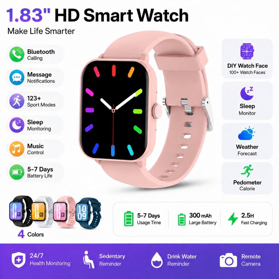 PEJE Unisex Smartwatch | 1.83-Inch Display, Multiple Colors Available, Equipped With Tracking, Alarm, Stopwatch, Remote Camera, Music Playback, Smart Message Notification Functions. Compatible With IOS And Android Devices. Ideal Gift For Loved Ones.