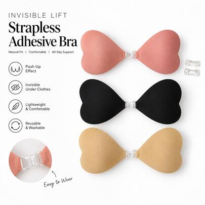 1Pack Strapless Adhesive Push Up Bras, Reusable Sticky Bra With Clear Front Clasp, Seamless Invisible Lift Bra For Backless Dresses, Wedding, Party & Everyday Wear, An Ideal Gift For An Active Lifestyle