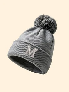 1pc Women's Pom‑Pom Decor Cuff Ribbed Knit Beanie Hat, A-Z Letter Applique Detail, Soft Warm Fall‑Winter Headwear, Fashion Fall Outfit Essential - Grey - View 18