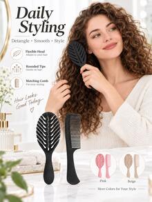 Set Sisir Rambut Fleksibel Berlubang Bentuk Daun untuk Mengurai dan Menata Rambut, dengan Pin Bulat & Sisir Gigi Lebar yang Serasi untuk Rambut Keriting Bergelombang Tebal, Penghalus Harian, Pembagi Rambut, Penataan Rambut Basah dan Kering, Penggunaan di Rumah dan Perjalanan, Pilihan Multiwarna - Mengatur - View 9