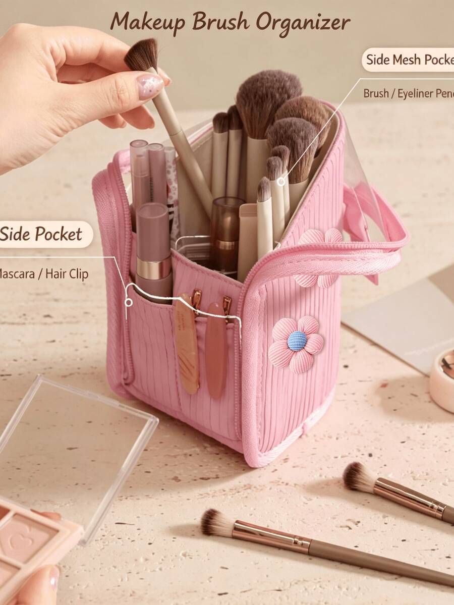 Aesthetic Cute Flower Makeup Brush Holder Bag, Transparent Window Vertical Cosmetic Storage Pouch, Portable Handheld Travel Beauty Tool Organizer For Women
