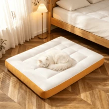 1‑Piece White Grid Quilted Pet Bed, Modern Style Polyester Rectangular Cushion, Stitched Edge Soft Support Sleeping Mat For Dogs Cats, Indoor Bedroom Floor Use All‑Season Pet Supplies - White - View 8