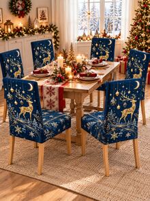 Christmas Dining Chair Set Navy Blue & Gold Deer Moon Snowflake Print Chair Covers Restaurant Kitchen Christmas Party Home Decor Christmas Home Decor - Multicolor - View 2