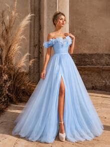 VIPGIRL SHEIN X Hannahelzahed Hannah Dreamy Blue Floral Open Shoulder Sheer Prom Dress, High Slit Design, Fitted Bodice, Wedding Guest Dress Spring Fall Party - Baby Blue - View 5
