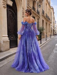 VIPGIRL Gaun Maxi A-Line Chiffon Biru Ombre Bahu Terbuka yang Elegan dan Menawan, Gaun untuk Upacara Wisuda, Pesta Perjamuan, Pernikahan Musim Semi dan Gugur - Biru - View 5