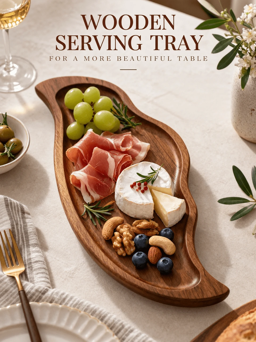 1pc Multifunctional Acacia Wood Solid Serving Tray, Solid Cheese Board, Suitable For Daily Breakfast, Snacks And Coffee, Practical Kitchen Accessory, Perfect For Home And Party, Christmas, Halloween, Easter, Father's Day, Mother's Day, Wedding Holiday Gift - View 1
