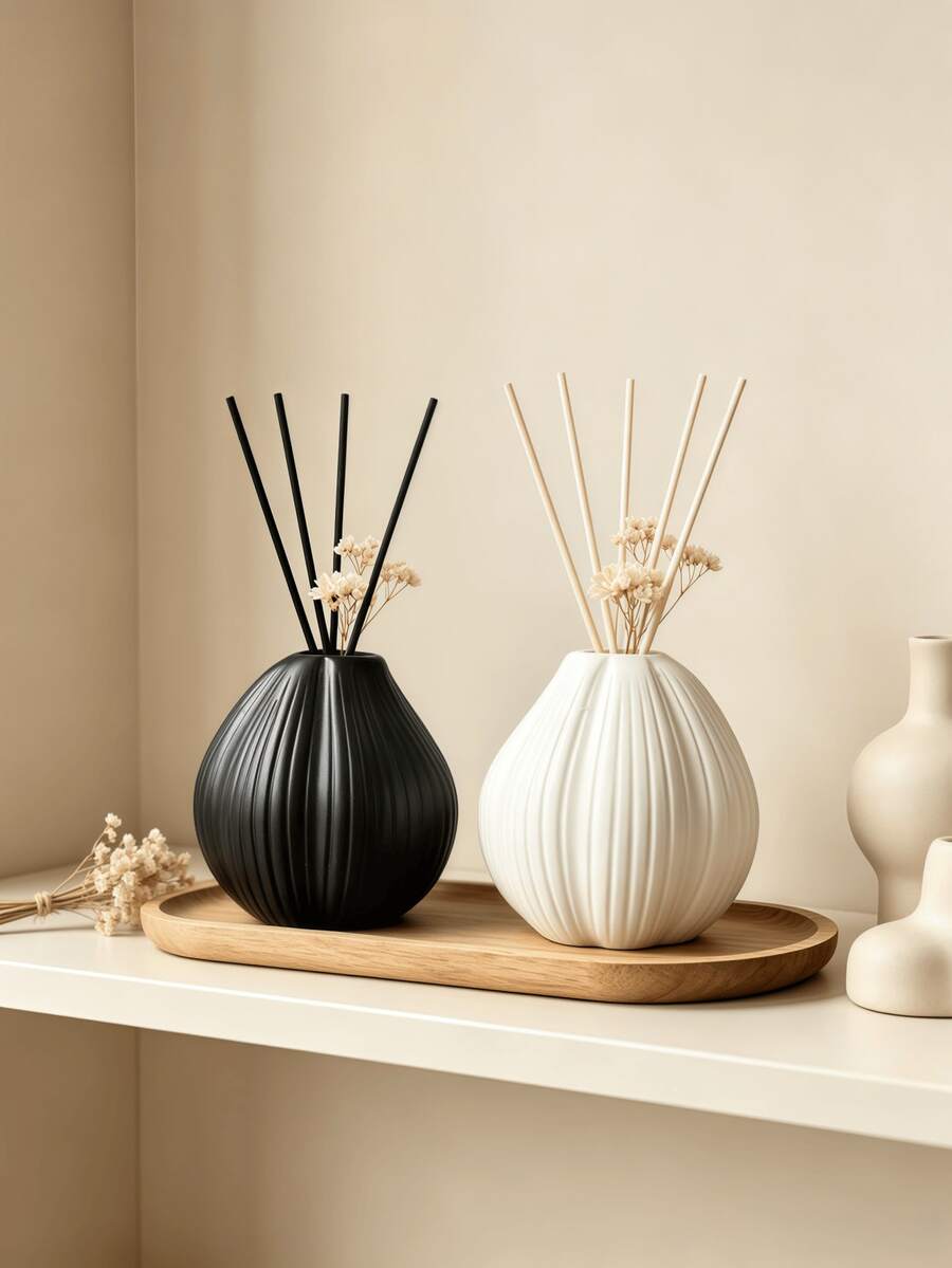 1pc Reed Diffuser Bottle Resin Black White Striped Vase Nordic Style For Bedroom Living Room Tabletop Shelf Decor Fragrance Container Home Decor - Vertical Texture - View 1