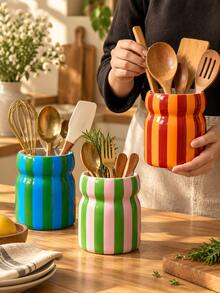 1pc Colorful Striped Utensil Holder, Large Glossy Kitchen Countertop Utensil Crock, Decorative Cooking Tool Storage Jar, Multi‑Color Choice, Perfect Housewarming Kitchen Gift - Waist-cinching Striped Storage - View 2