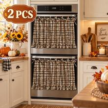 2 Pack Khaki Plaid Oven Door Curtain, Khaki Oven Skirt For Kitchen Curtains, Cortinas De Cocina, Kitchen Deccor And Home Decor, Tie Top Ruffle Design For Oven Door, Kitchen Display And Seasonal Decorating - Khaki - View 2