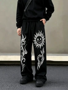 Y2K Dark Subculture Style Sun Winking Smiling Face & Flame Heart Scroll Print Elastic Drawstring Straight Leg Wide Leg Long Pants, Loose Fit Hip-Hop Retro Streetwear Sweatpants - Black - View 1