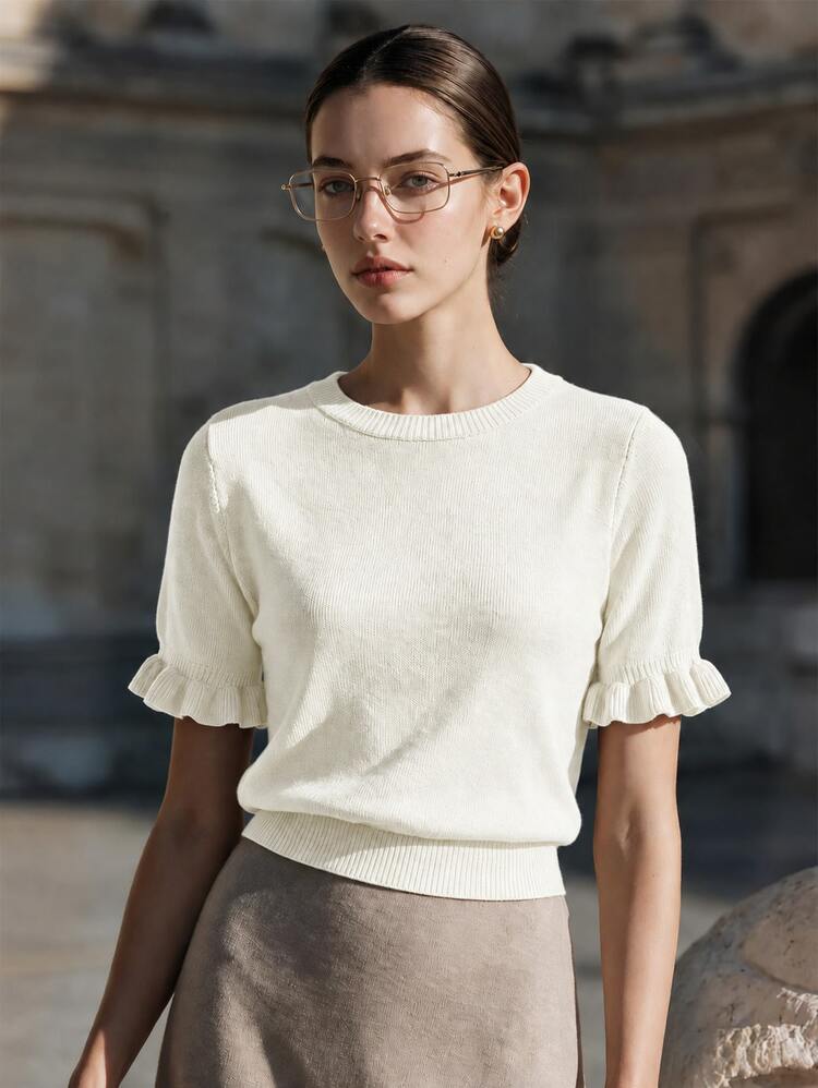 Women's Casual Yellow Round Neck Ruffle Hem Short Sleeve Loose Fit T-Shirt, Spring/Summer Style, Suitable For Dates And Daily Wear - White - View 2