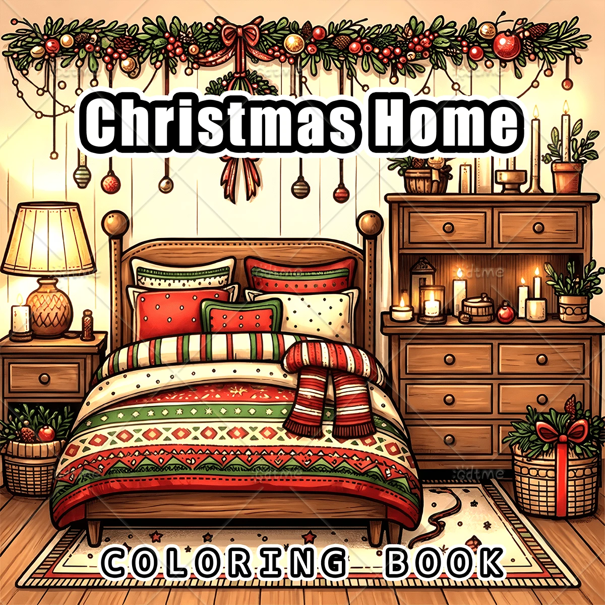 Livre de coloriage de Noël pour adultes, papier épais de 120 g/m², grandes impressions de scènes d'intérieur festives et chaleureuses, illustrations mignonnes de décoration de chambre de vacances, livre de coloriage anti-stress pour la détente, excellent cadeau de vacances pour les femmes