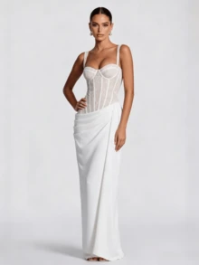 Elegant Strapless Lace Bodycon Long Party Evening Dress - White - View 6