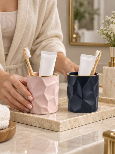 1 pieza Soporte geométrico para cepillo de dientes con borde dorado, organizador de encimera de baño para cepillos de dientes y pasta de dientes, taza minimalista moderna para cepillo de dientes, accesorios decorativos de baño, almacenamiento de tocador para el hogar