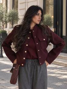 TRAFZA Women's Wool-Feel Fabric Metal Button Jacket, Casual Elegant Solid Color Top Fall - Burgundy - View 2