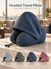 1pc Portable Neck Pillow With Hood, Memory Foam U-Shaped Travel Pillow, Slow Rebound Neck Support, Soft Fabric Airplane Neck Cushion, Suitable For Home, Office, Car, Train And Flight - Multicolor - View 2