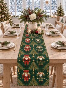 1pc Christmas Table Runner, Nutcracker, Christmas Tree, Star, Pine Branch Print, Vintage Country Christmas Table Decor, Suitable For Holiday Dinner Party Table - Multicolor - View 6