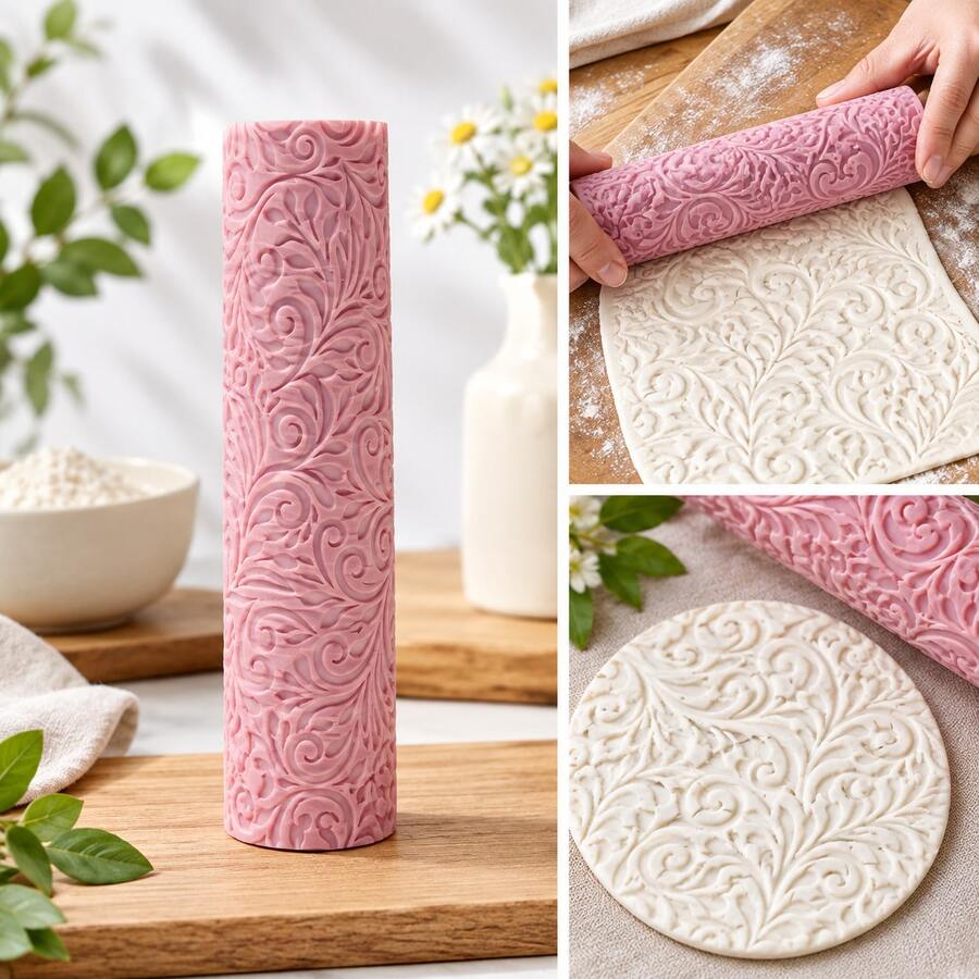 Vine Scroll Pattern Clay Roller, 3D Printed PLA Texture Roller For Pottery And Polymer Clay, Floral Relief Embossing Rolling Pin Tool For Ceramics, DIY Crafts, Pottery Making, Clay Slab Decorating, Handmade Art Projects, Reusable And Easy To Clean - Pink Vine Pattern - View 1