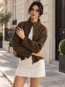 Women's Casual Wool-Texture Jacket, Spring/Autumn/Winter, Solid Color Sporty Zipper Double-Button Short Jacket - Coffee Brown - View 2