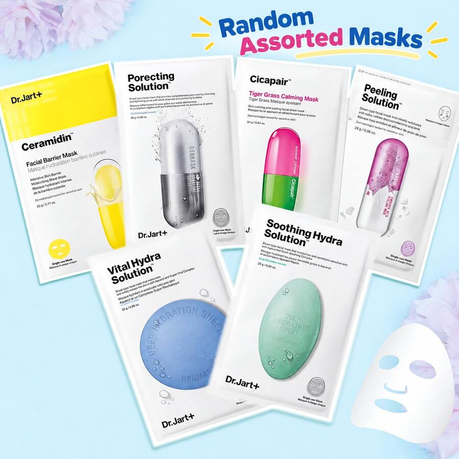 DR.JART+Facial Sheet Masks 6 Pack Korean Skin Care Hydrating Facial Care Deep Moisturizing Improve Elasticity Smooth Skin K Beauty Refreshing Suitable For Summer Ideal For Party, Autumn, Halloween And Christmas Essentials - White - View 1