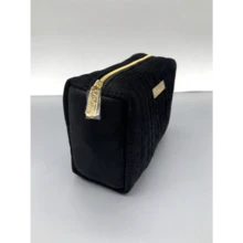 Shiseido Portable Plush Black Striped Travel Cosmetic Bag With Metal Brand Tag, Toiletry Storage Makeup Pouch, Ideal For Daily Use & Gifting - Black - View 2